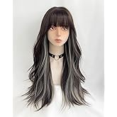 WKLOUYHE Long Wavy Wig for Women Synthetic Curly Wig with Bangs Fibre Cosplay Wig for Women Daily Use Colorful Wigs (Black+Brown+White)