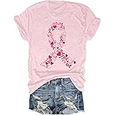 RECUTEWU Breast Caner Shirts for Women Pink Ribbon Graphic T-Shirt Breast Cancer Awareness Inspirational Blouse Tops