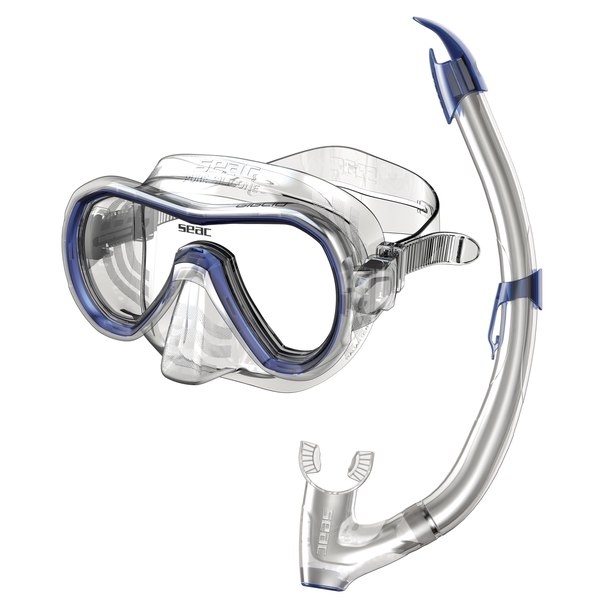 SEAC Set Giglio Valve, Snorkeling Set with Underwater Mask and Snorkel with Water Purge Valve for Adults, Blue