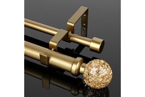 JRZOO Gold Double Curtain Rod for Windows 36 to 72 Inch (3 to 6ft), Heavy Duty Adjustable Dual Drapery Rod with Unique Crystal Ball Finials, 1 Inch Modern Decorative Telescoping Curtain Rod
