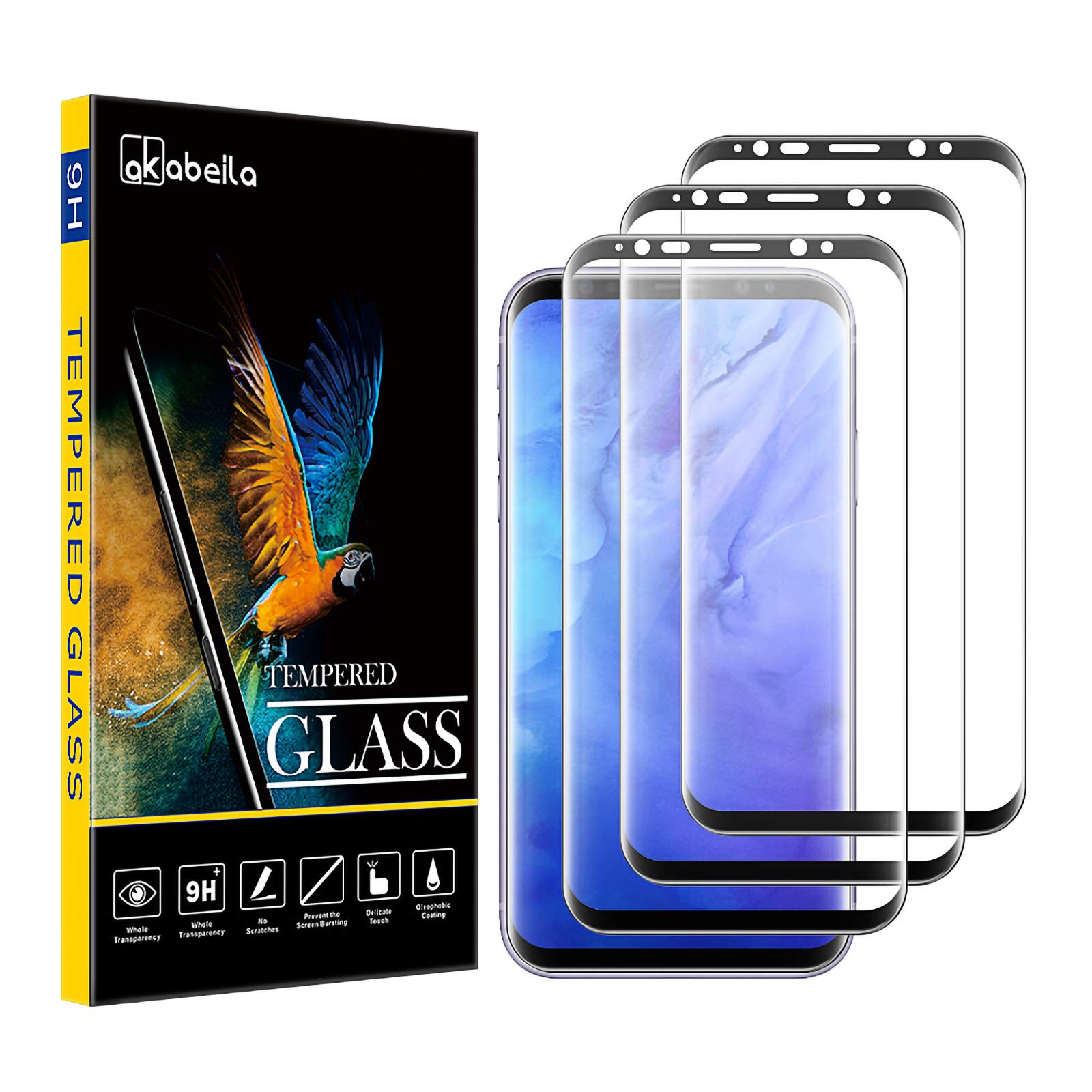 AKABEILA [3 Pack Screen Protector for Samsung Galaxy S8 Premium HD Tempered Glass Protective Film 9H Hardness Case Friendly Easy Installation Anti Scratch Bubble Free