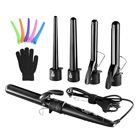 Lockenstab, HoLife 5-in-1 Austauschbare Lockenwickler 9-32mm für Kleine/Große Locken mit Schminktischschutzendem Ständer, Ker