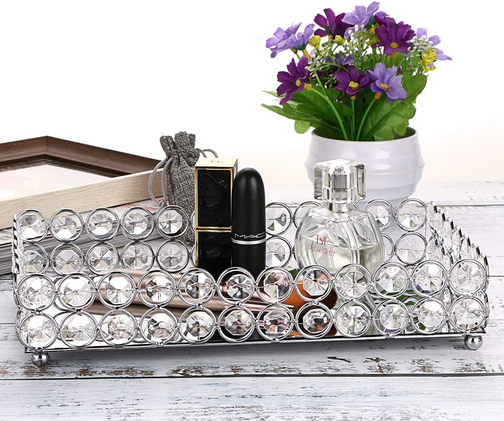 Hipiwe Crystal Cosmetic Makeup Tray - Mirrored Vanity Jewelry Decorative Tray Organizer for Storage Perfume, Toiletries,Trinket, Home Decor Tray for Dresser/Vanity Table, Bathroom: Home & Kitchen