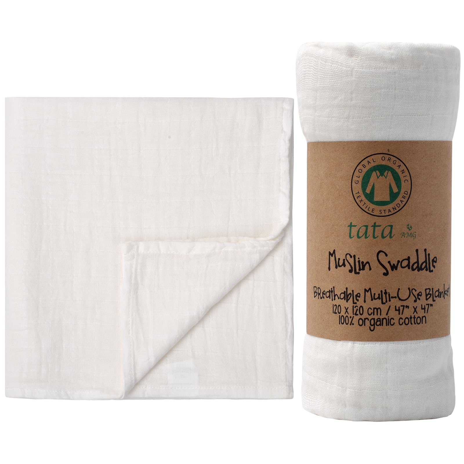 Photo 1 of TATA AMG® 100% Organic Muslin Cotton Baby Swaddle Blanket – Soft & Breathable Receiving Blanket for Newborns, Girls & Boys – Large 47x47 | Multipurpose Baby Essentials | Pre-Washed & Gentle on Skin