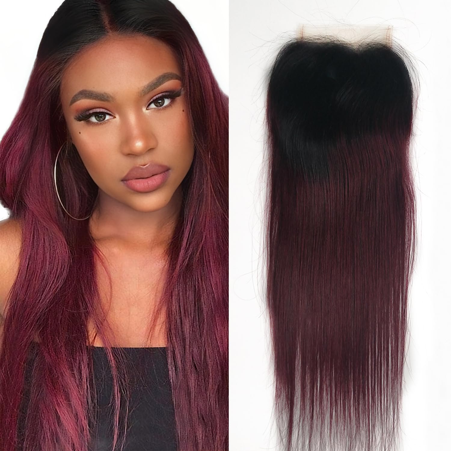 Brazilian Ombre 1B 99J Straight 4x4 Lace Closure 100% Unprocessed Human Virgin Hair Red Wine Pre-Plucked Hairline 2 Tone 1b/99j Front 1B Burgundy Closure 10 Inch