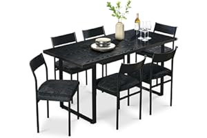 Best Choice Products 7-Piece Modern Dining Room Set, Kitchen Table Set, Dining Table w/ 6 Chairs, Upholstered Cushions, Solid Metal Frame, Curved Backrest - Black/Black