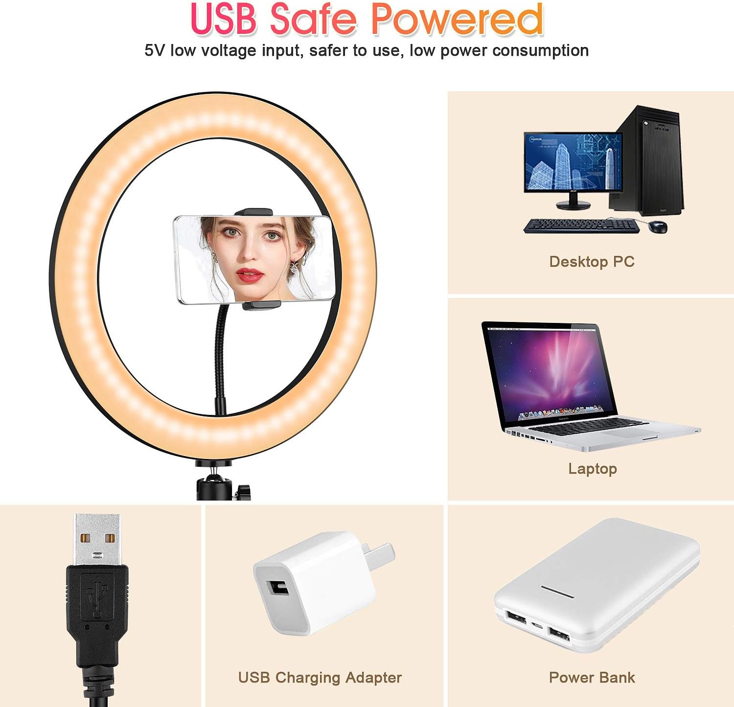 Ring Light with Stand and Phone Holder, 10 inch Adjustable Circle Light with Extendable Tripod 69", USB Powered, Heighten Hose, Ring Lights for iPhone Selfie, Video Recording, TikTok Streaming