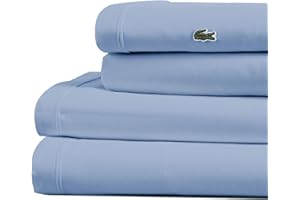 Lacoste 100% Cotton Percale Sheet Set, Solid, Allure Blue, Queen