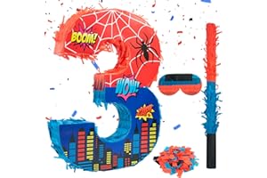 CIXICM Number 3 Spider Pinata Bundle with 16 Inch Piñata Stick Blindfold Confetti for Hero Birthday Party Decoration Anniversary Celebration Gift Spider Party Favors for Kids, 16 x 11.6 x 2.4 Inch