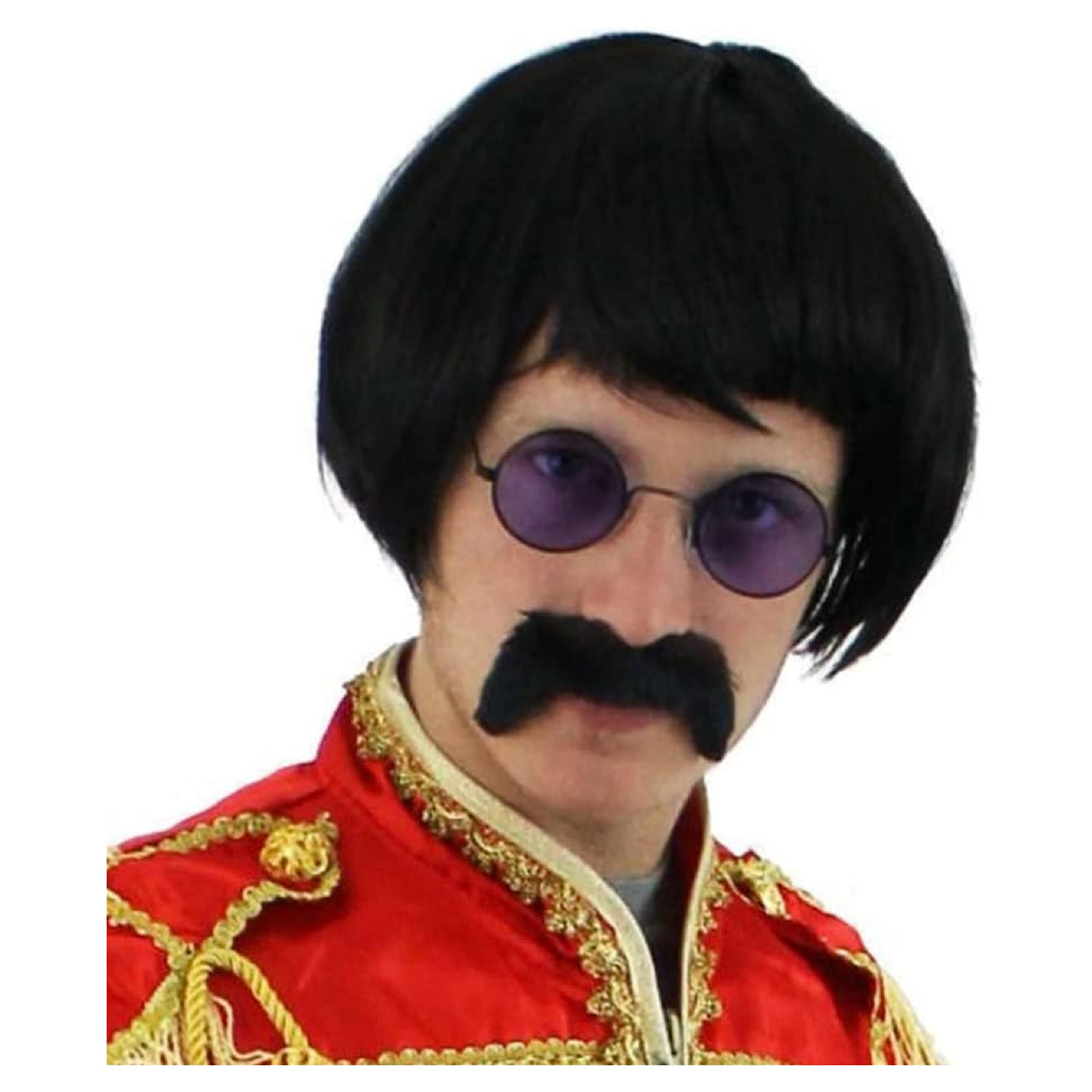 60S ROCK SERGEANT SET BLACK SHORT WIG + COLOURED ROUND GLASSES + BLACK MOUSTACHE CELEBRITY FANCY DRESS ACCESSORY KIT 60S POP SERGEANT