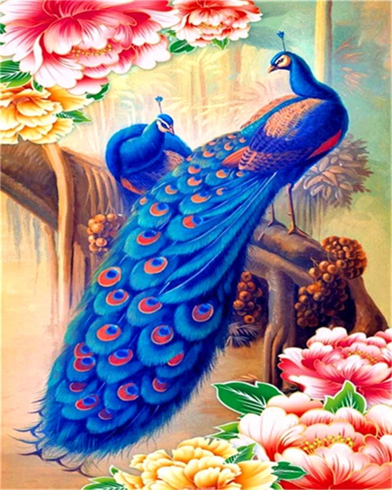 DIY Oil Painting Paint by Numbers Kits for Adult Paint Color According to The Numbers on The Canvas 16x20 inch - Drawing with Brushes Christmas Decor(Without Frame) (Blue Peacocks)