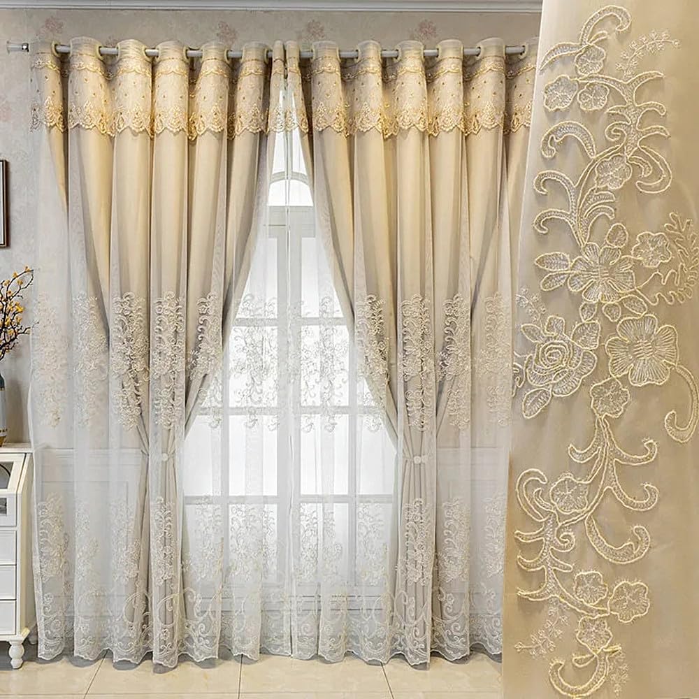 Photo 1 of Amidoudou 1 Pair European Double Layer Curtains with Valances for Living Room Luxury 3D Embroidered Curtains for Bedroom (Beige,63x84 Inch)