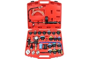 JIFEHO 28PCS Auto Cooling System Pressure Tester and Coolant Refill Tool Kit, Automotive Radiator Leak Test Hand Pump & Pneumatic Vacuum Type Filling Filler Tool Set for Car Truck Airlift, Red Case