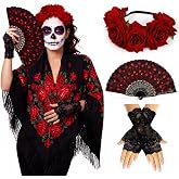 Janinka 3 Pcs Dia De Los Muertos Costume Set | Traditional Day of The Dead Costumes for Women, Dia De Los Muertos Costume Set for Halloween Parties, Parades, Cosplay
