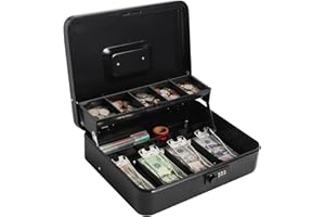 Large Cash Box with Combination Lock, Metal Money Box for Cash, Lovndi Lock Box with Money Tray, Lockbox 11.8 x 9.5 x 3.54 Inches, Black