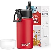 Mollcity Kids Water Bottle with Straw-12 oz Stainless Steel Double Wall Vacuum Insulated Water Bottles for Back to School, Travel Leak-Proof Metal Water Flask (Canyon Red)