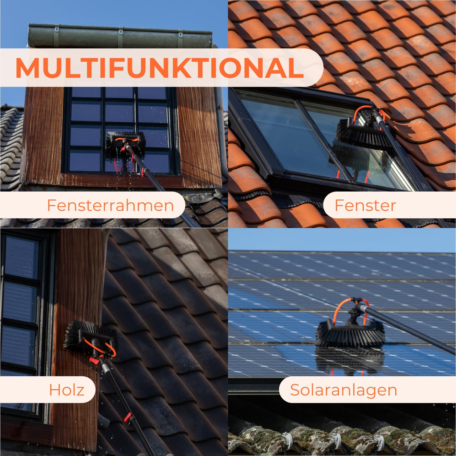 Aquascopic Teleskopstange mit interner Wasserspender und Bürste mit 5 Flächen – Fensterputzer längenverstellbar – Bis zu 3.6m – Fensterreiniger für Sonnenkollektoren - Interner Wasserschlauch 6