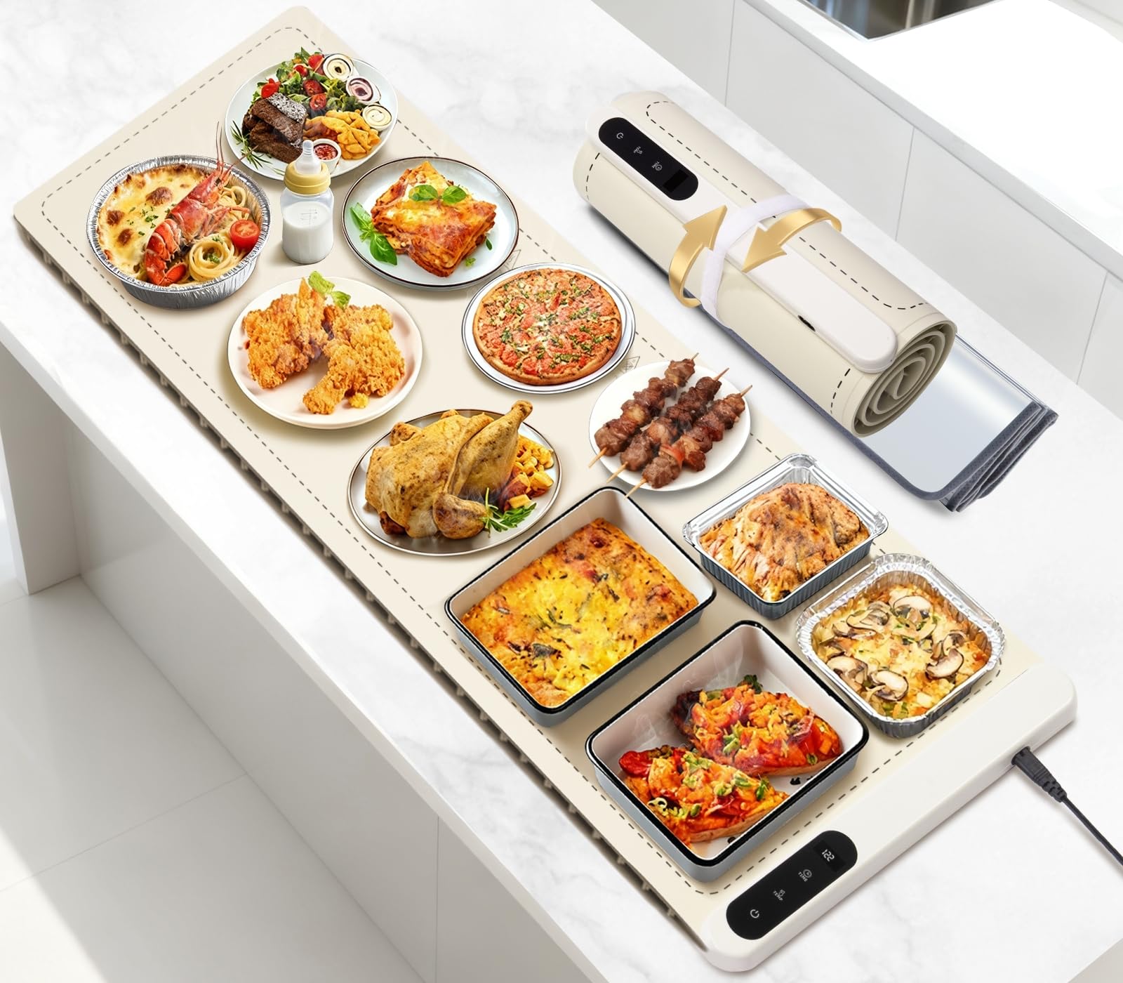 Photo 1 of Extra Large Warming Mat for Food, (42"x15") Food Warming Mat with Countertop Insulation Pad, 6 Level Temperature & 6 Hours Timer, Silicone Food Heating Pad, Warming Trays for Buffets Party, Beige