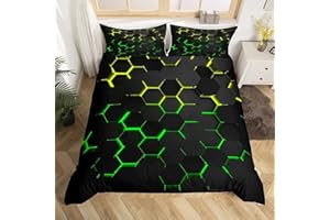 CASTLE FAIRY Geometry Honeycomb Bedding Duvet Cover Queen Size Hexagon Bed Cover for Kids Teen Boys Girls Bedroom Decor Yellow Neon Lights Bed Cover Chic Creative Bedding Cover 3Pcs with 2 Pillowcase, Black