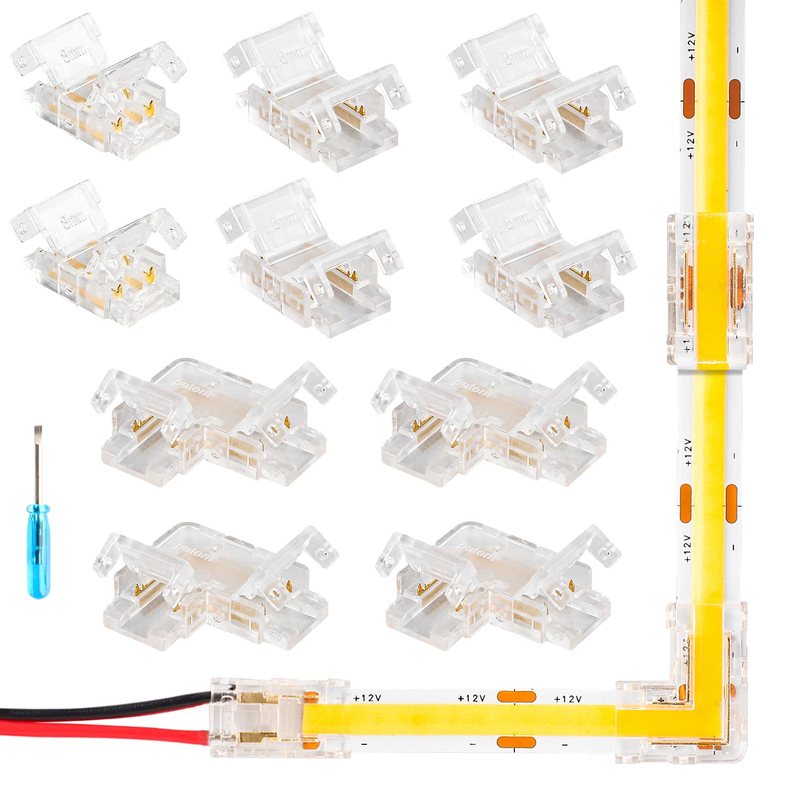 HOMELYLIFE 10 Pcs 2 Pin 8mm Mini COB LED Strip Connectors, Gapless Solderless Clear Connector, Strip to Wire Connectors×2, Strip to Strip×4, L-Shape Corner Connectors×4 for 8mm COB LED Strip Lights