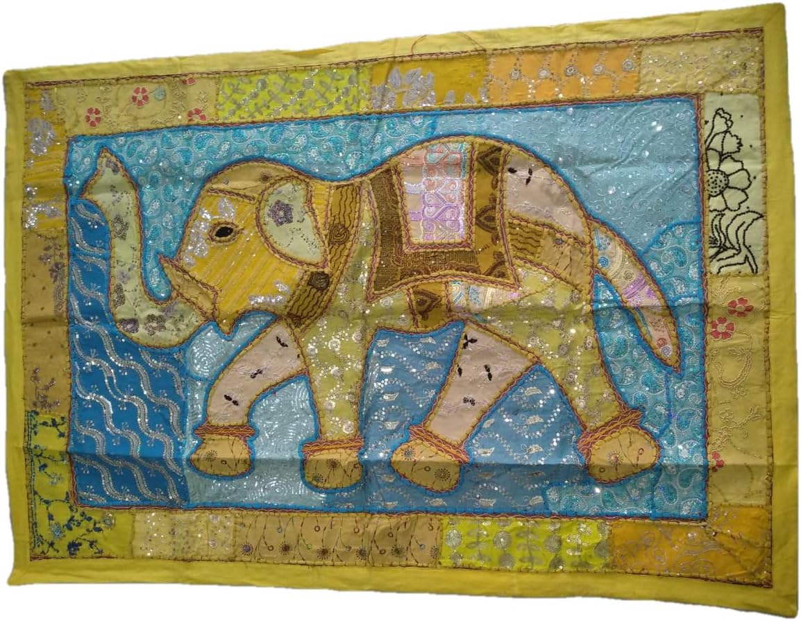 AdhritCreations Embroidered Table Runner/Cover - Indian Sequin Cotton Boho Bohemian Elephant Print Hippie Patchwork Runner Tapestry Wall Hanging - Indian Decoration Tapestry Wedding Reception Party