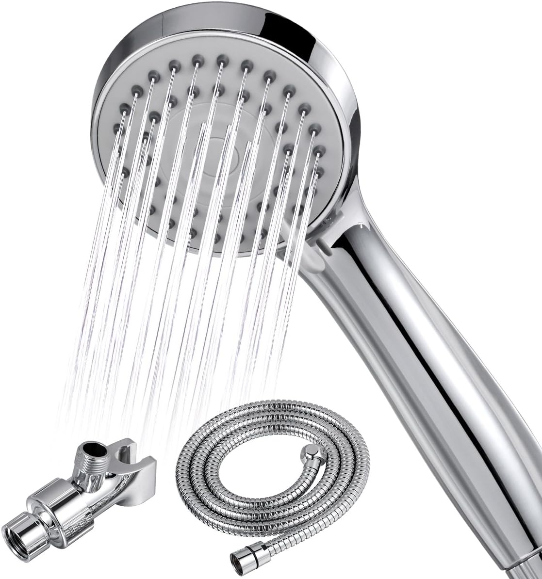 YHXK High Pressure Handheld Showerhead with Powerful Spray Against Low Pressure Water Supply Pipeline, Detachable Shower Head Kit with Stainless Steel Long Hose, Bracket and Teflon Tape - Chrome