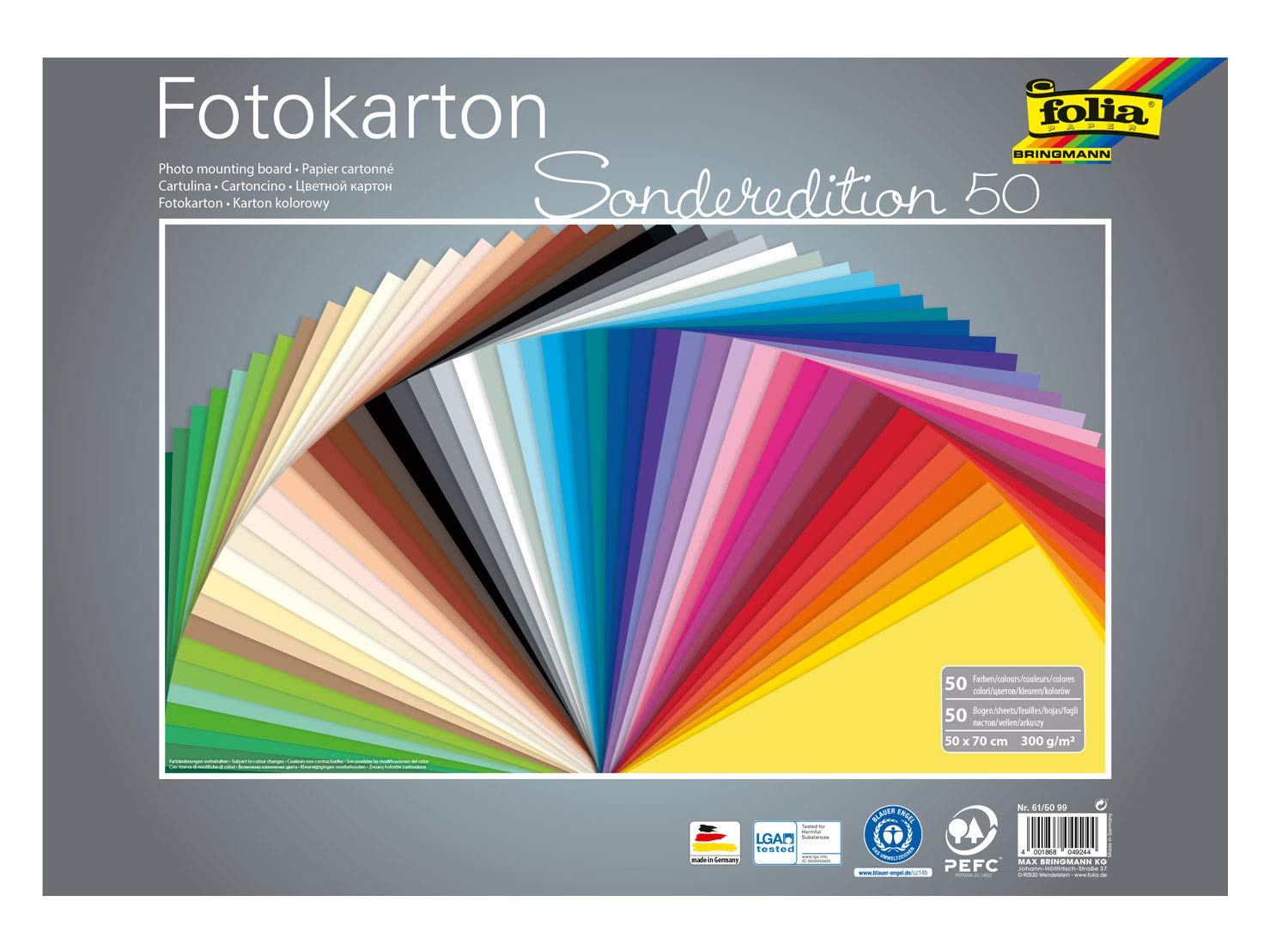 folia 61/50 99 Photo Card Mix 50 x 70 cm 300 g/m² 50 Sheets Assorted in 50 Colours Ideal Base for Numerous Craft Ideas