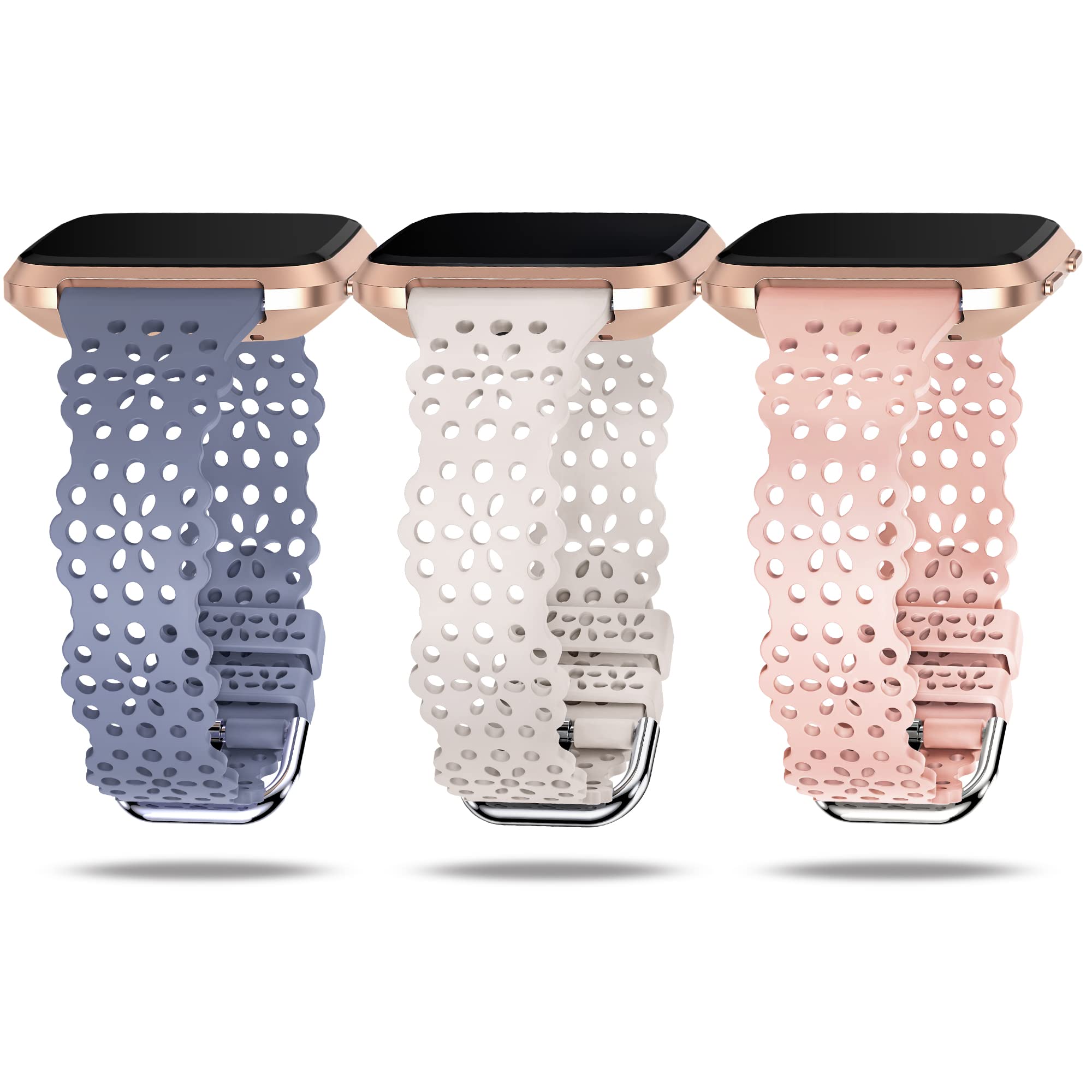 TOYOUTHS 3 Pack Lace Silicone Straps Compatible with Fitbit Versa/Fitbit Versa 2, Women Slim Soft Sport Strap Replacement for Versa Lite/Versa SE, Blue+Starlight+Pink