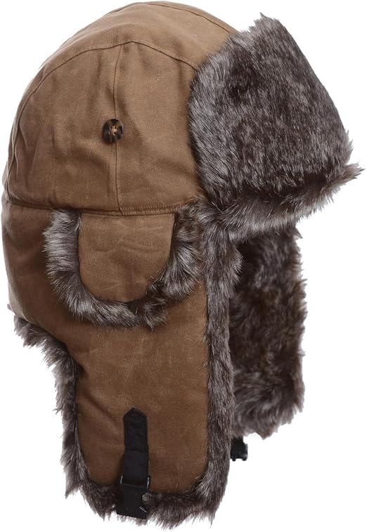 Mad Bomber Khaki Waxed Cotton w/Brown Wabbit Faux Fur Hunting Trapper