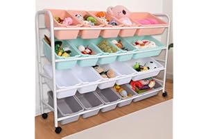 Diegimr Kids Toy Storage Organizer with 20 Plastic Bins, 4 Layer Detachable Iron Pipe Kids Bookshelf Toy Shelf Organizer Rack