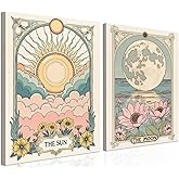Sun and Moon Celestial Wall Art Set of 2, Vintage Tarot Astrology Wall Decor, Sun Flower and Full Moon Lotus Poster Canvas Painting Prints Picture for Bedroom Living Room 12x16 inch Framed