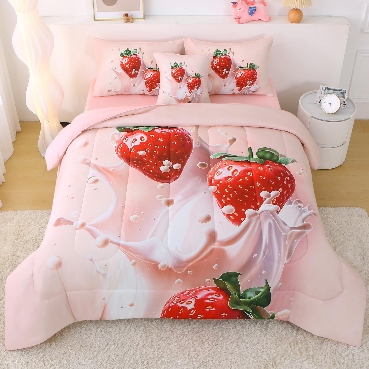 Photo 1 of JQinHome Twin Strawberry Comforter Sets for Girls Kids Teens,6 Piece Bed in A Bag - All Season Soft Microfiber Strawberry Bedding Set with Sheet Sets (Pink)