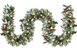 HipTree 9ft Christmas Garland with Lights,Lighted Artificial Flowering Pine Garland for Mantle,Prelit Faux Green Christmas Winter Garland with Pine Cones and Red Berry for Indoor Outdoor Decor