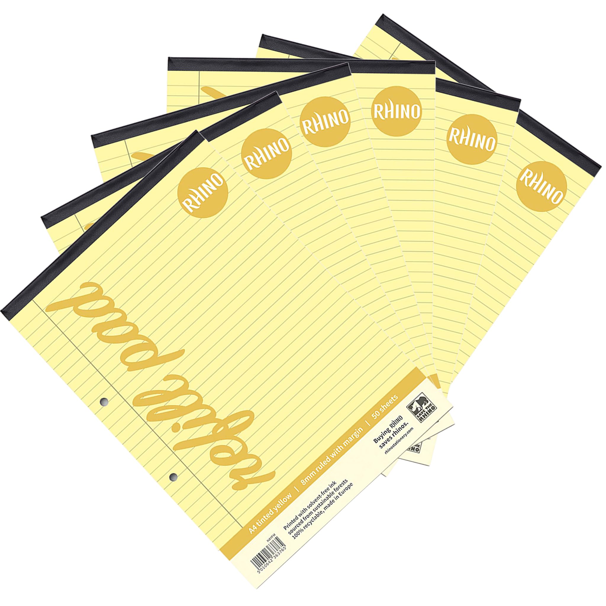 RHINO Stationery Yellow Paper A4 Refill Pad | 50 Leaf/100 Page | 8mm Ruled with Margin | Pack of 6 - Ideal A4 Writing Paper for Dyslexia & Other SEN — image 1