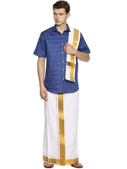 Men Permium cotton readymade pocket dhoti with angavastram