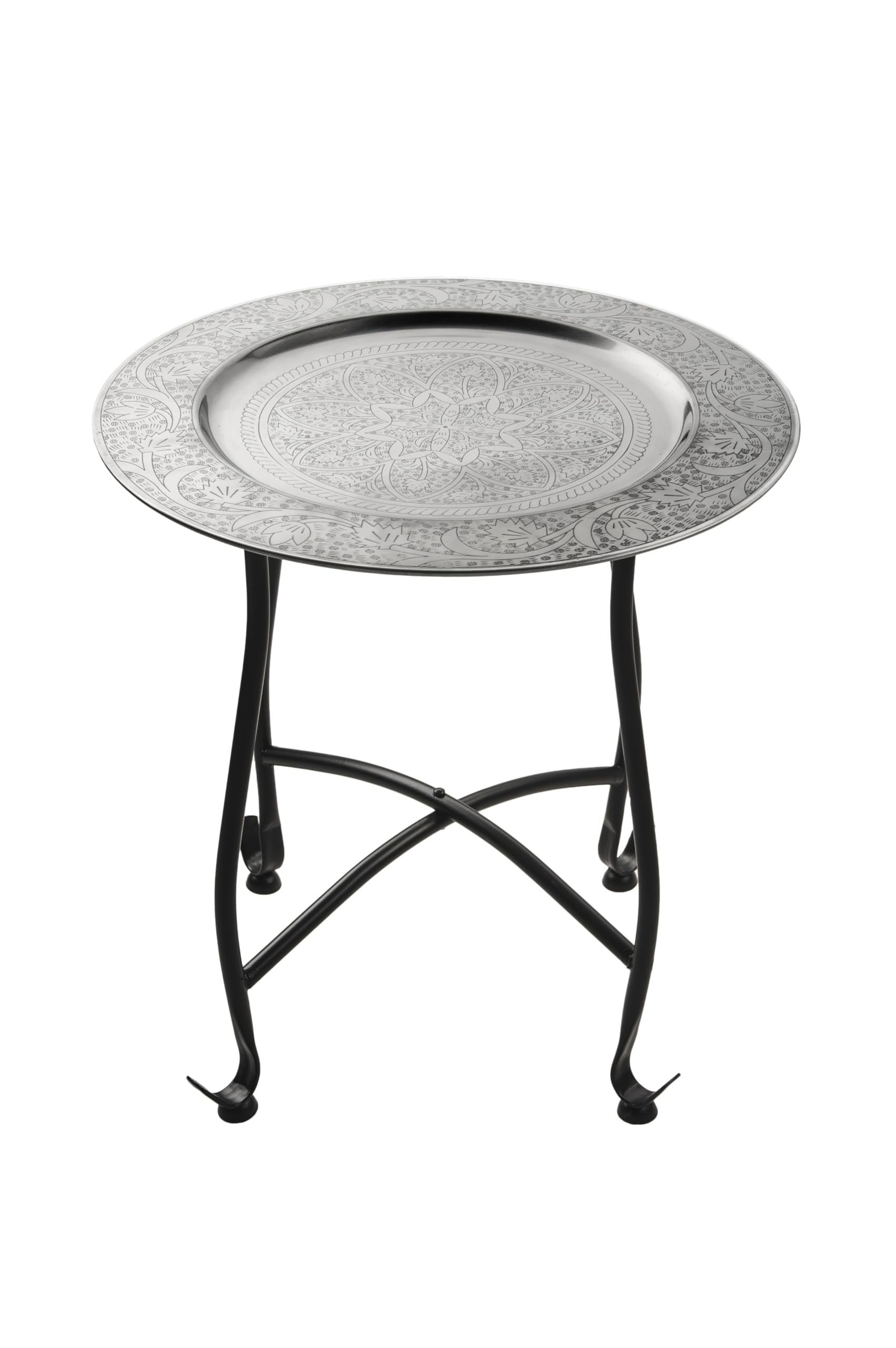 Moroccan Style Folding Small Metal Side Table Sule 40cm Round | sofa side tables as oriental Home or Living room Decoration | Indian Design coffee tray table as flower stool in Silver Black