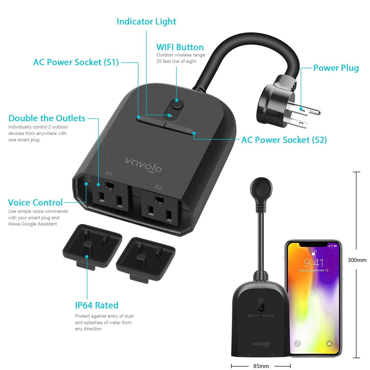 VAVOFO Outdoor Smart Plug, WiFi Outlet with 2 Sockets, Compatible with Alexa Google Home, IP44 Waterproof, Wireless Remote Control Timer & Countdown by Smartphone APP: Industrial & Scientific