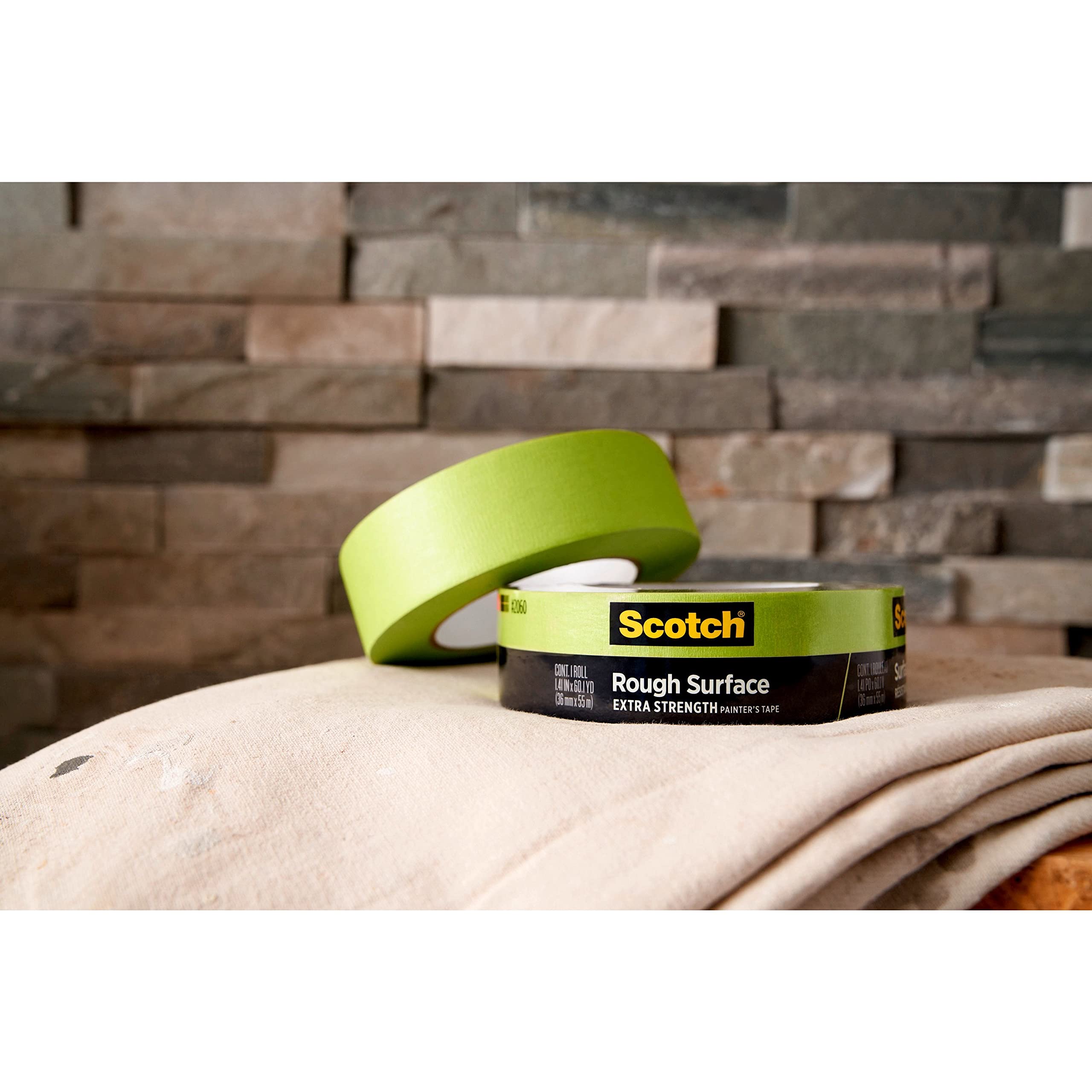 Scotch Rough Surface Extra Strength Painters Tape, 1.5 Inch Wide (1.41 in. X 60 Yds) 1 Roll, Green Tape Protects Surfaces and Removes Easily, Painting Tapes for Indoor and Outdoor Use (2060-36AP)