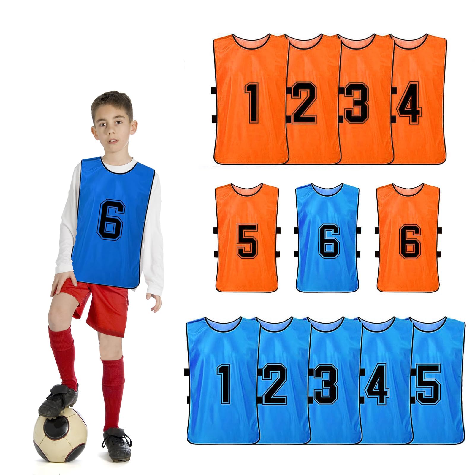 12 Pack Kids Football Bibs, Sports Training Mesh Bibs for Chindren, Reversible Numbered Practice Vest Pennies for Soccer Basketball Football Volleyball - Blue & Orange
