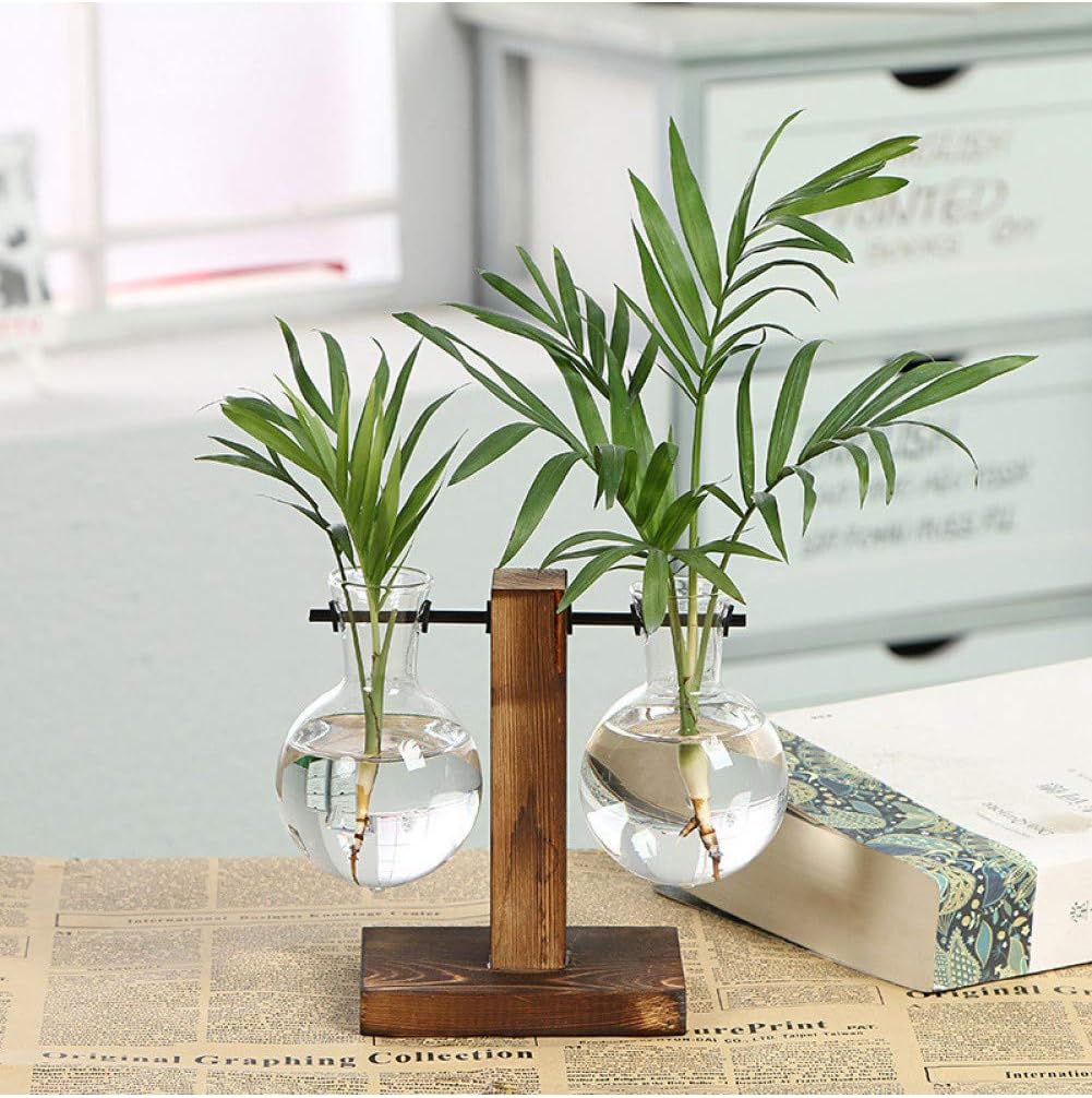 PENFJ Vase Transparent Vase Hydroponic Plant Vases Vintage Flower Pot Wooden Frame Glass Tabletop Plants Home Bonsai Decor