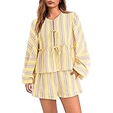 Tankaneo Womens 2 Piece Outfits Tie Front Peplum Tops Shorts Sets Striped Puff Long Sleeve Blouse Y2K Lounge Sets