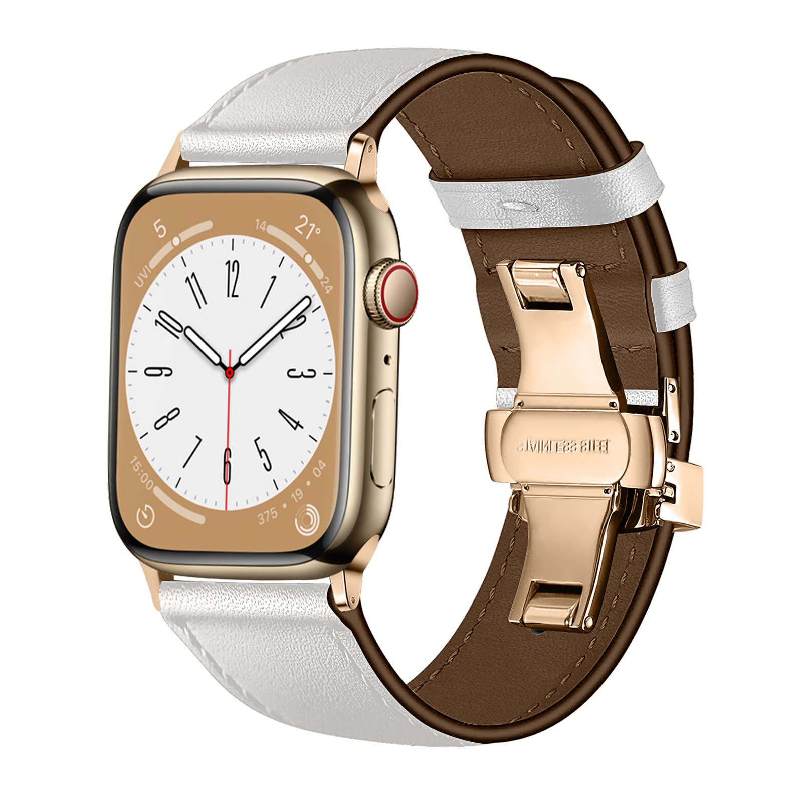 Leather Strap Compatible for Apple Watch Band 45mm 41mm 44mm 40mm 42mm 38mm 45mm 49mm Genuine Leather Wristband Bracelet for iwatch series 8 7 6 SE 5 4 3 Ultra,38/40/41mm,rose button white