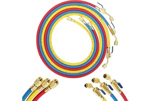 FOINWER 29985 Plus II 1/4"HVAC Hose with Compact Ball Valve (1/4" Flare) - 4000 PSI,60 Inch(5FT)Refrigerant Hose R410a, R134a, R407C, R502, R12, R22 Compatible,For Common Refrigerants Red/Yellow/Blue (3 Pack)