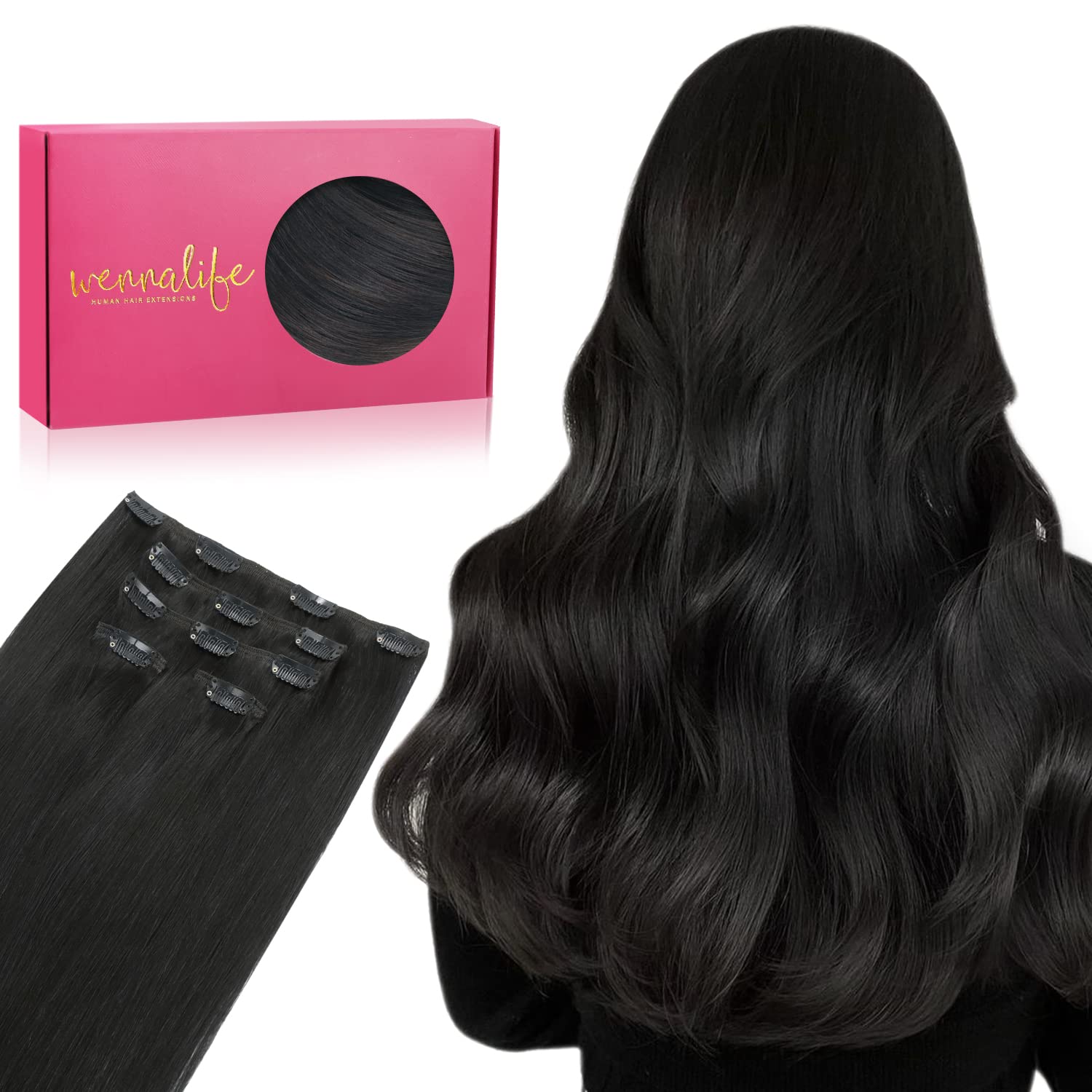 Wennalife Clip In Hair Extensions, 20 Inch 80g 5pcs Natural Black Hair Extensions Clip In Real Hair Remy Human Hair Extensions Natural Silky Clip In Human Hair Extensions — image 1