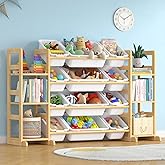 Ratulie Large Toy Storage Organizer Kids Toy Organizer and Bookshelf Combo with 12 Bins and 6 Shelves Toy Organization Box Toy Shelf for Playroom, Bedroom, Nursery