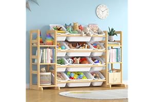 Ratulie Large Toy Storage Organizer Kids Toy Organizer and Bookshelf Combo with 12 Bins and 6 Shelves Toy Organization Box Toy Shelf for Playroom, Bedroom, Nursery