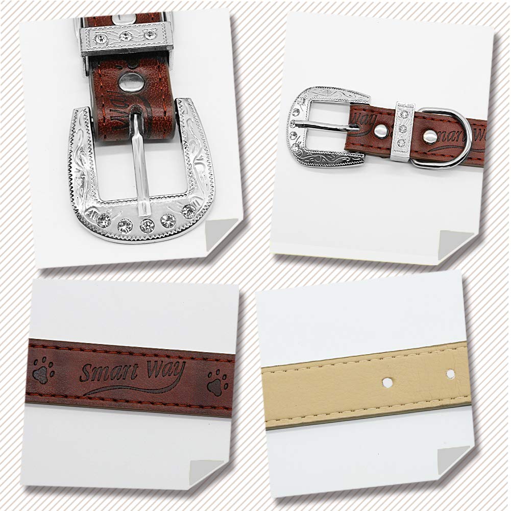 Nuheby Leather Dog Collar Strap Adjustable Soft Sturdy Pet Collars Buckle with Diamond Deluxe Well-Designed 21 Inches Long x 1 Inch Wide for Female Male Dogs (Brown)
