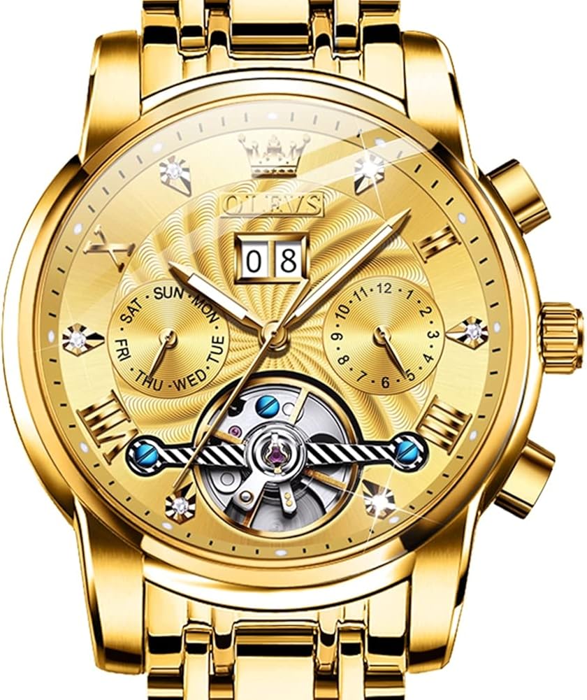 Amazon.com: Luxury 14k Gold Tone Stainless Steel Men Dress Tourbillon