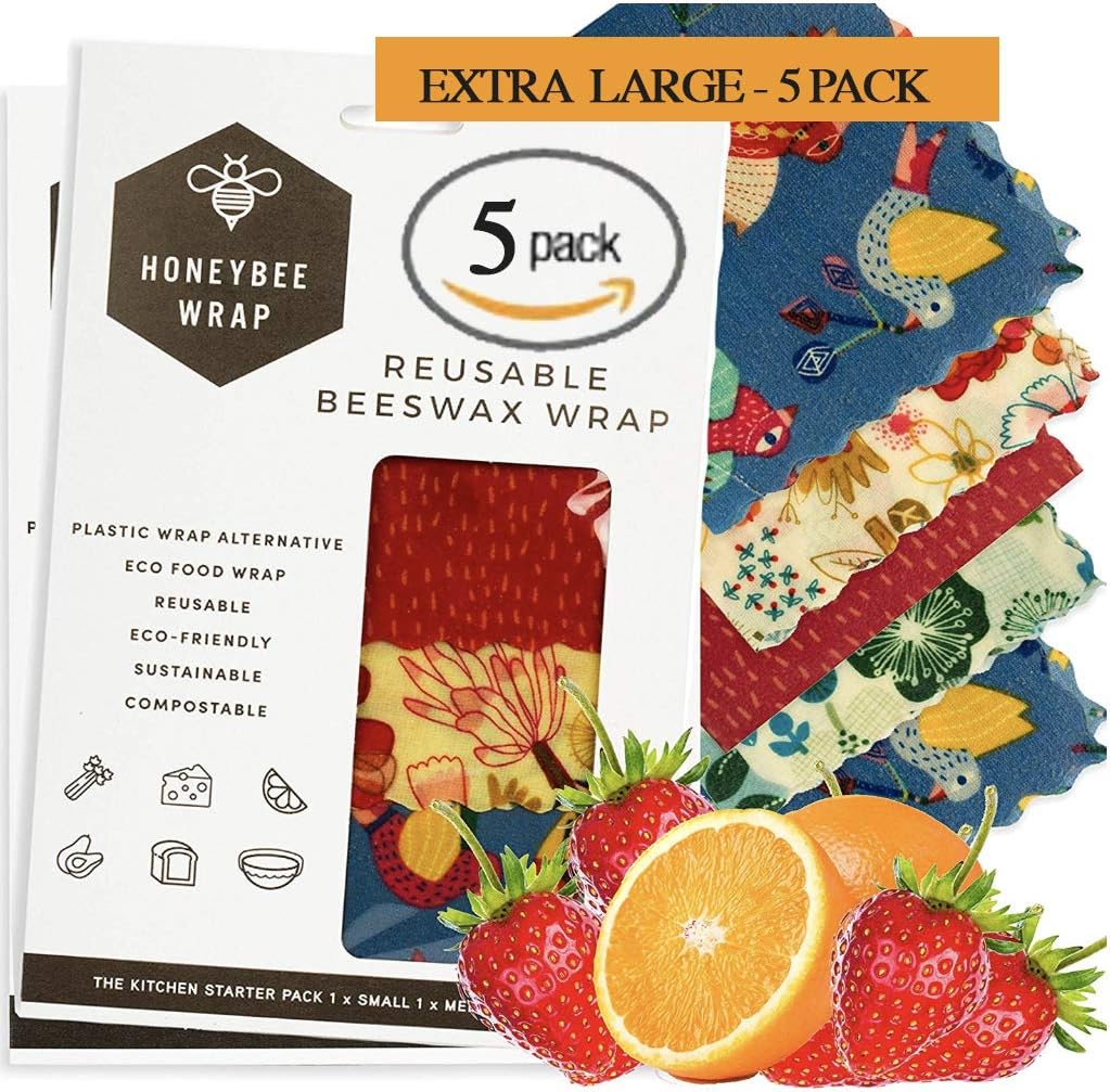 Honeybee Beeswax Wraps Set of 5 | Handmade in Australia | All Natural Food Storage | Zero Waste Cheese and Sandwich Wrappers | Cling Film Alternative Lasts 1 Year | Beeswax Food Wrap