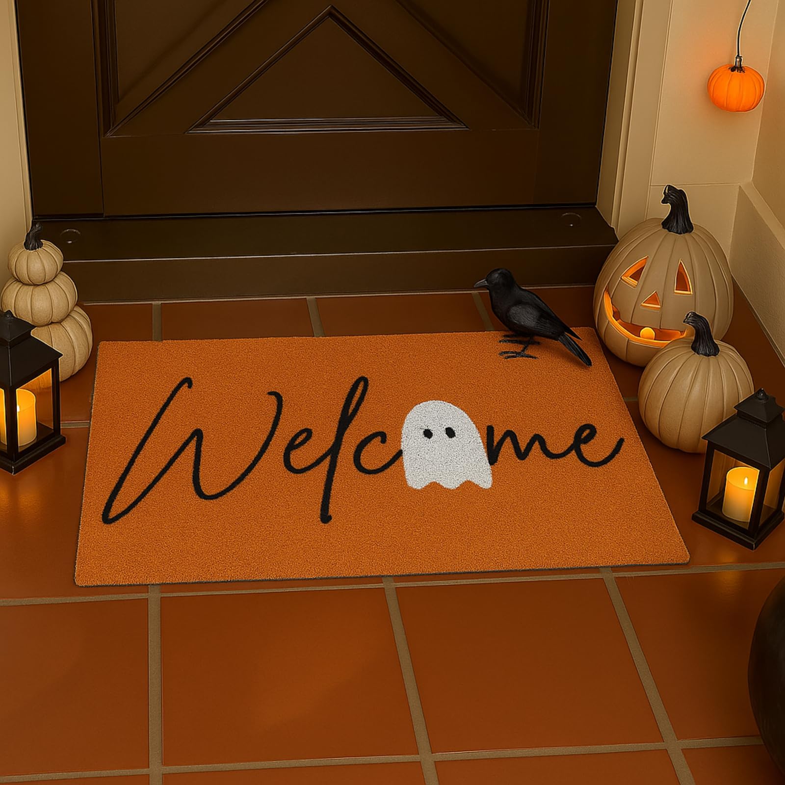 Photo 1 of Tinideya Halloween Ghost Welcome Doormat Indoor Outdoor 30 x 18'' Front Door Welcome Mat Non Slip Backing Washable Soft Kitchen Spooky Rugs for Seasonal Halloween Party Home Entrance Decoration